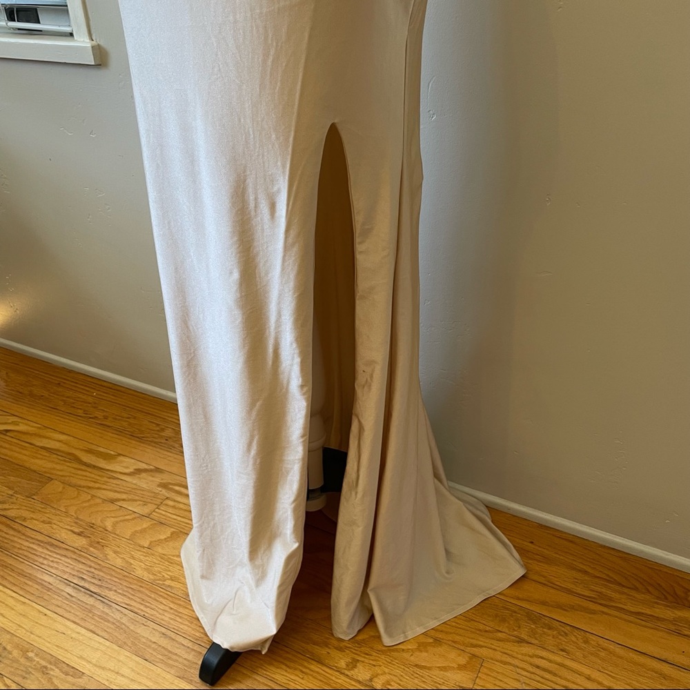 La Femme Cross Back Satin Jersey Trumpet Strappy Back Maxi Dress 4 Nude Beige - Picture 6 of 12